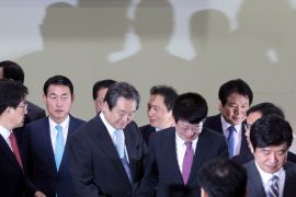 Lawmakers defecting from the ruling Saenuri Party leave after a news conference at the National Assembly in Seoul