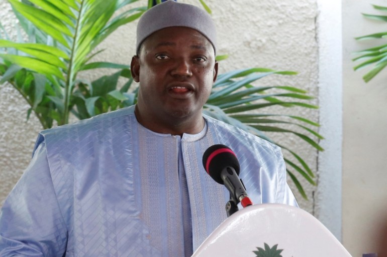 Gambia''s President Adama Barrow speaks during a news conference in his residence in Banjul