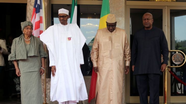 Presidents Johnson-Sirleaf, Buhari, Sall and former Ghanian President Mahama pose for pictures during the special meeting of Ecowas delegations on Gambia election crisis in Abuja