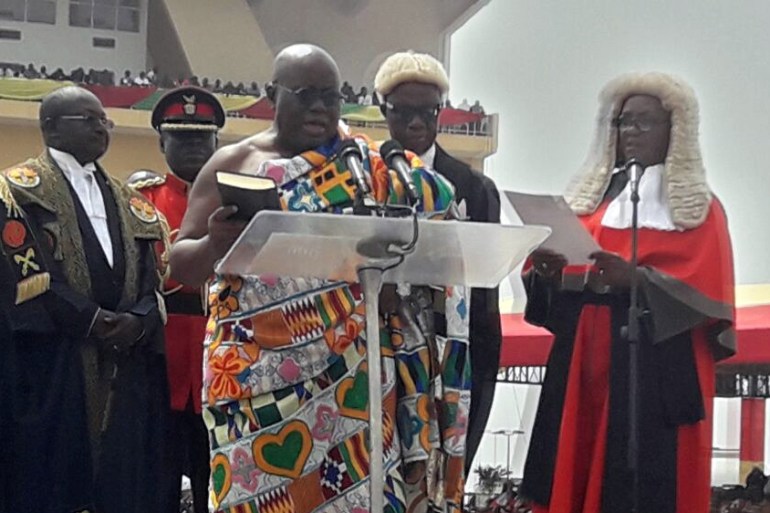 Ghana''s President elect Nana Akufo-Addo takes the oath of office during the swearing-in ceremony lead by Ghana Chief Justice Georgina Theodora Wood at Independence Square in Accra