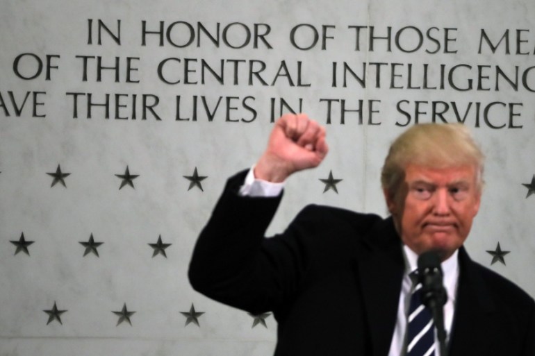 U.S. President Donald Trump reacts after delivering remarks during a visit to the Central Intelligence Agency (CIA) in Langley, Virginia U.S.
