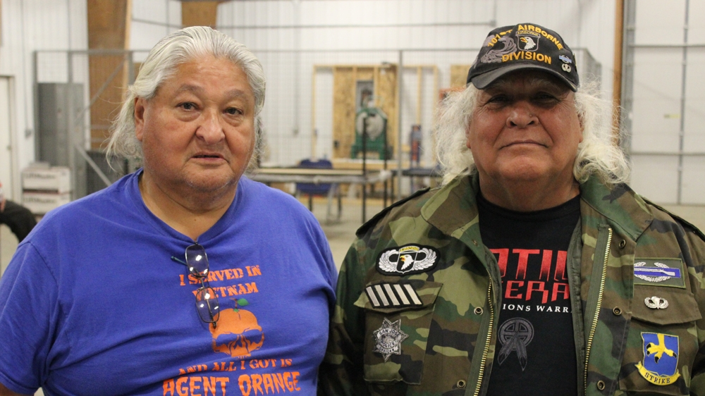 Brothers Frank, left, and Richard Gonzales decided to join the Veterans' Stand for Standing Rock event when they saw it on Facebook. Apache raised in Texas, both served in Vietnam [Adam Levinson/Al Jazeera] 