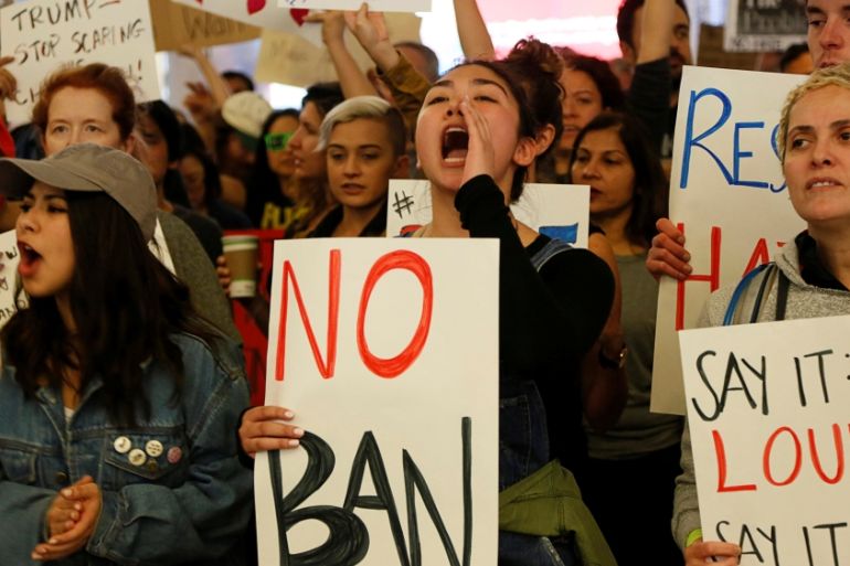 Demonstrators yell slogans during protest against the travel ban imposed by U.S. President Donald Trump''s executive order, at Los Angeles International Airport in Los Angeles