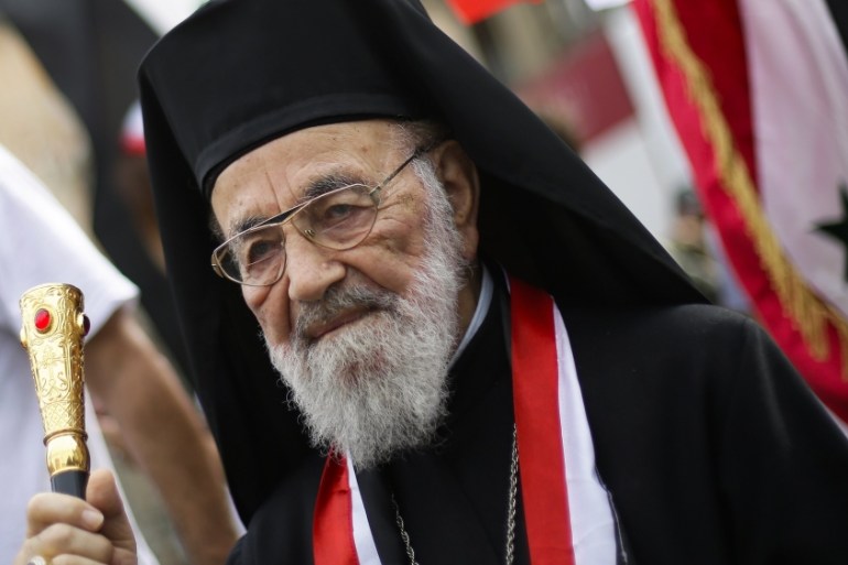 Hilarion Capucci of the Melkite Greek Catholic Church during a rally in Rome