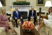 US President Donald Trump and first lady Melania meet Israeli Prime Minister Benjamin Netanyahu and his wife Sara in the Oval Office of White House on February 15 [Kevin Lamarque/Reuters]