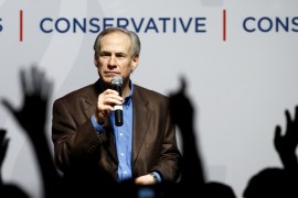 File photo of Texas Governor Greg Abbott speaking at a campaign rally for U.S. Republican presidential candidate Ted Cruz in Dallas, Texas