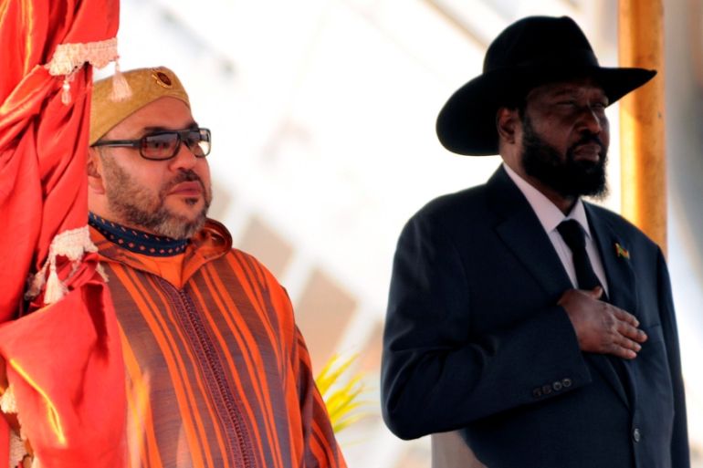 King Mohammed VI of Morocco and South Sudan''s President Salva Kiir stand for the national anthem after he arrived at the Juba airport in South Sudan''s capital Juba