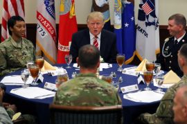 U.S. President Donald Trump attends a lunch with members of the U.S. military during a visit at the U.S. Central Command (CENTCOM) and Special Operations Command (SOCOM) headquarters in Tampa