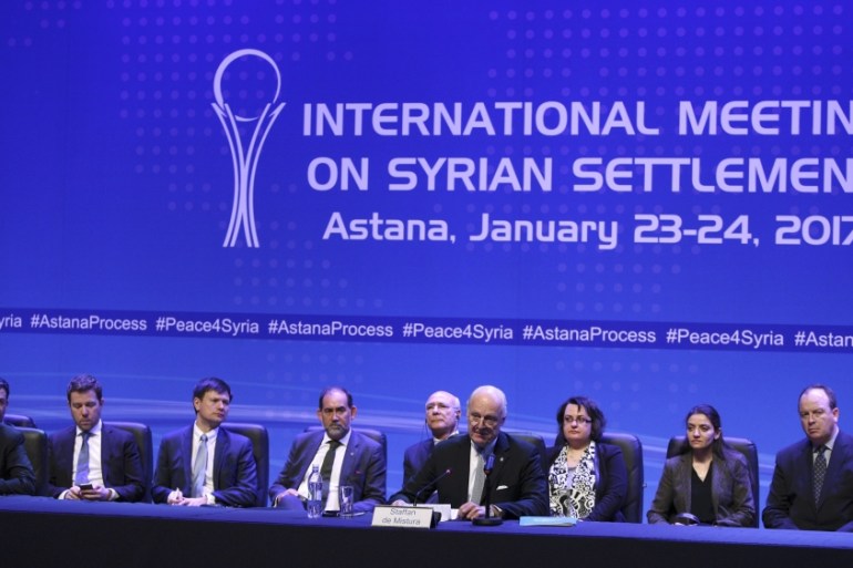 U.N. special envoy for Syria Staffan de Mistura attends news conference following Syria peace talks in Astana