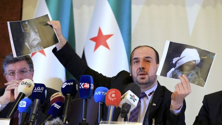 Head of the Syrian opposition group HNC al-Hariri addresses the media in Geneva