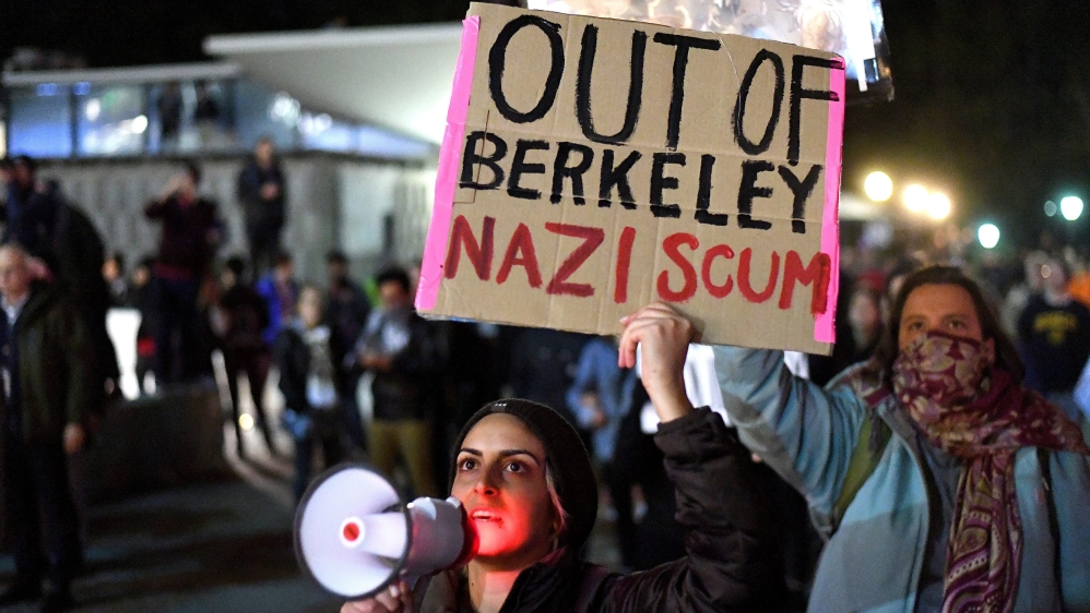 Far-right speaker Milo Yiannopoulos was evacuated from a speaking event in Berkeley in February [File: Noah Berger/EPA]