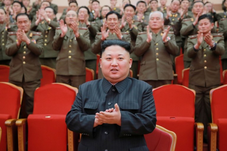 North Korean leader Kim Jong Un watches a performance given with splendor at the People's Theatre on Wednesday to mark the 70th anniversary of the founding of the State Merited Chorus