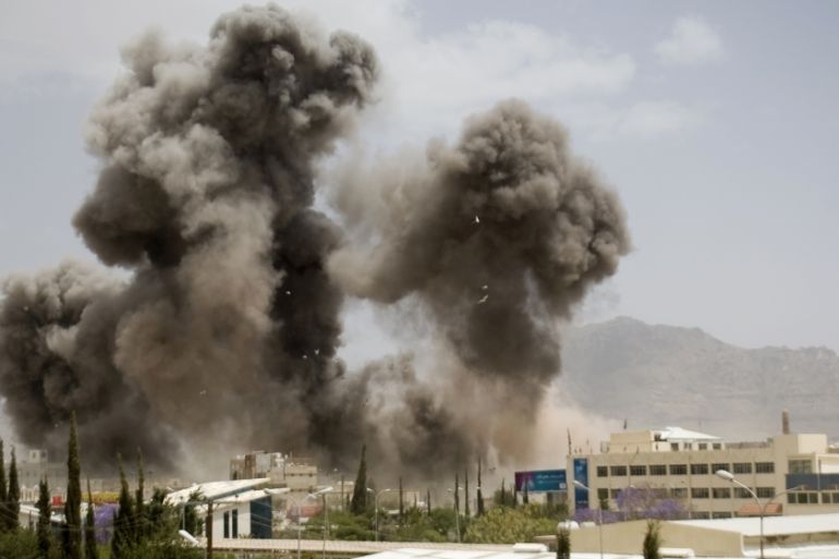 Smoke billows from a Saudi-led air strike on Sanaa, Yemen