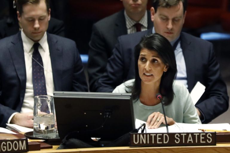 US Ambassador to the United Nations Nikki Haley, waits to address a Security Council on the situation in Ukraine