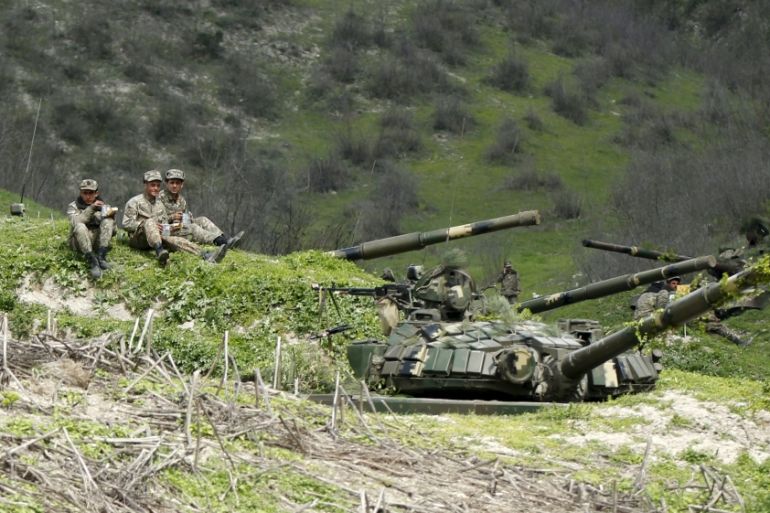 Servicemen of the self-defense army of Nagorno-Karabakh rest at their positions near the village of Mataghis