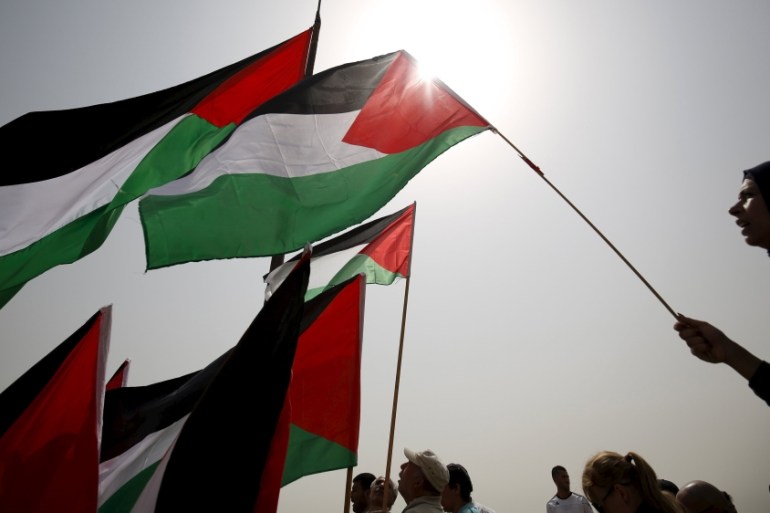 Demonstrators hold Palestinian flags