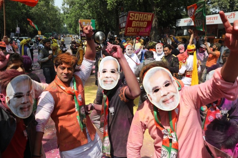 BJP Celebrations as they lead in Uttar Pradesh state elections