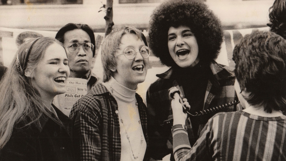 Phyllis, left, with her singing group at a protest rally in New York, mid-1970s [Courtesy of Shujaa Graham and Phyllis Prentice]