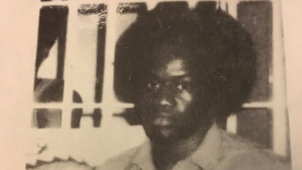 A photo of Shujaa on a poster promoting support for the campaign to free him, mid-1970s [Courtesy of Shujaa Graham and Phyllis Prentice]