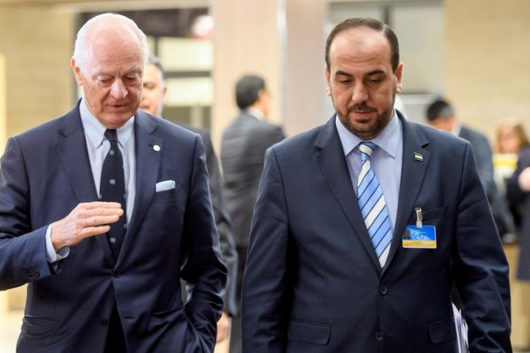 Meeting of Intra Syria peace talks with UN Special Envoy for Syria and Syria''s main opposition High Negotiations Committee at the European headquarters of the United Nations in Geneva