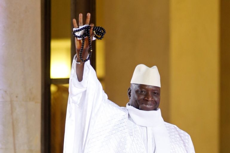 FILE PHOTO: Gambia''s President Yahya Jammeh arrives for a dinner with the French President and other dignitaries as part of the Summit for Peace and Security in Africa at the Elysee Palace in Paris