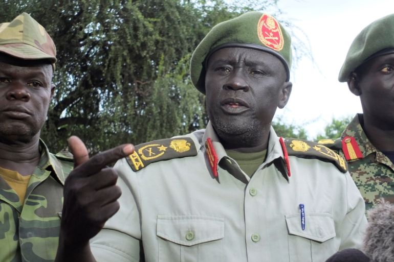 General Aturjong, a senior military officer in the armed opposition faction of the SPLM-IO addresses a news conference in South Sudan capital Juba