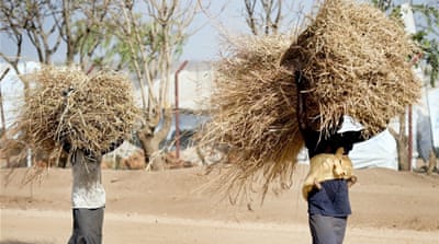 Women carry hay that will be used to make rooftops [Yilmaz Polat/Al Jazeera]