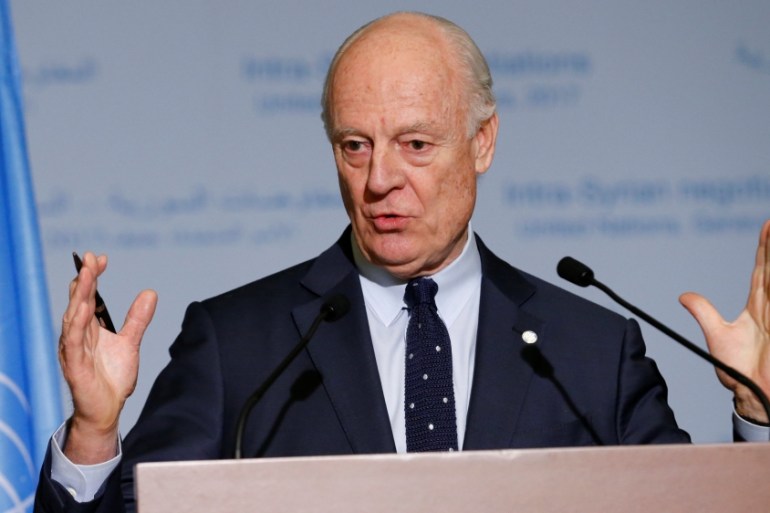 UN Special Envoy for Syria de Mistura attends a news conference during the Intra Syria talks at the UN in Geneva