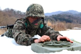 Anti-tank mines are used during military drill in South Korea