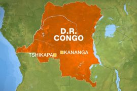 Map of the Democratic Republic of Congo, marking Tshikapa and Kananga