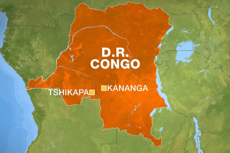 Map of the Democratic Republic of Congo, marking Tshikapa and Kananga