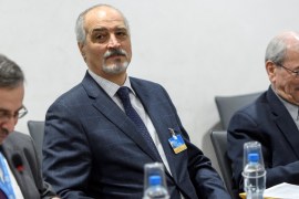 Syrian chief negotiator Bashar al-Jaafar attends a meeting in Geneva
