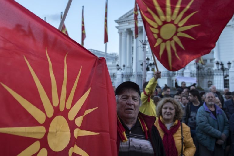 Supporters of the Civil Initiative for United Macedonia protest in Skopje