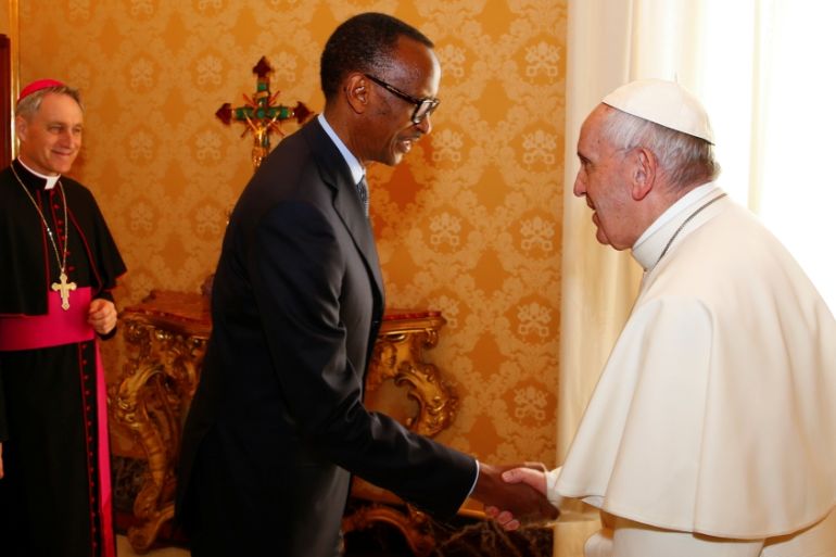 Rwanda''s President Paul Kagame is welcomed by Pope Francis during a private meeting at the Vatican