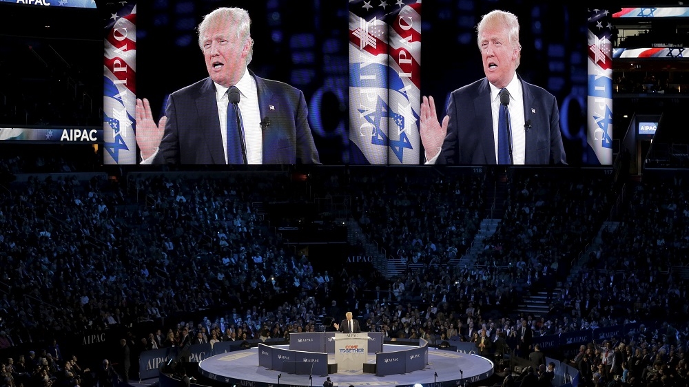  Donald Trump addressed the American Israel Public Affairs Committee (AIPAC) at an afternoon general session during his candidacy [Joshua Roberts/Reuters]