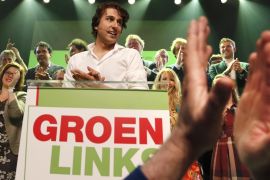 Dutch Green Party leader Jesse Klaver appears before supporters in Amsterdam