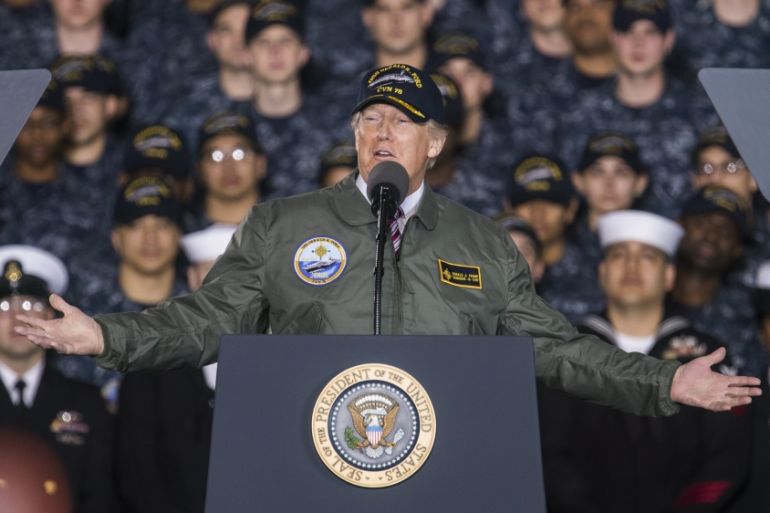 Trump Speaks Aboard Aircraft Carrier in Newport News, Virginia