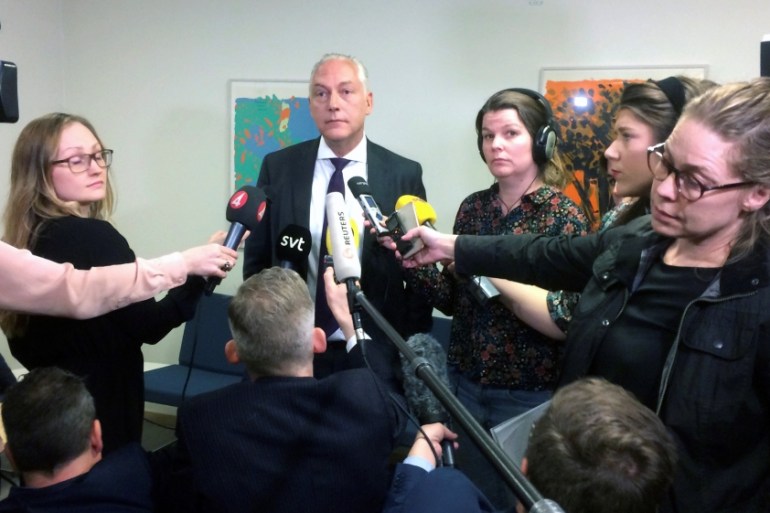 Defence lawyer Johan Eriksson speaks to the media at the court after the detention hearing of the suspect in Friday''s attack in Stockholm