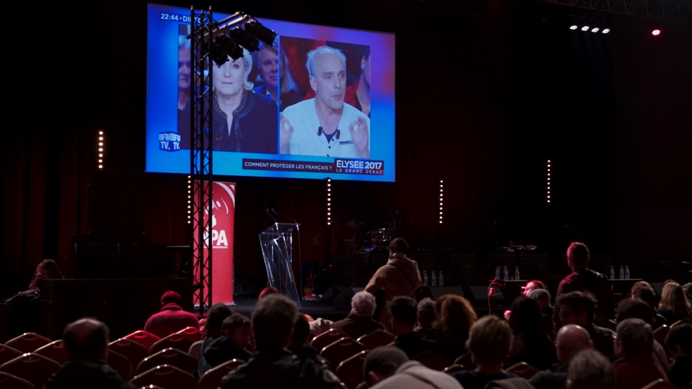 A scene from Poutou's recent televised debate with rival candidate [Shafik Mandhai/Al Jazeera]