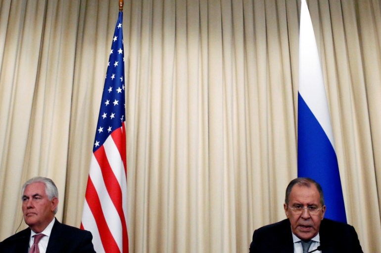 Russian Foreign Minister Sergei Lavrov and U.S. Secretary of State Rex Tillerson attend a news conference following their talks in Moscow