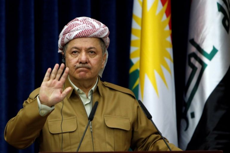 Iraq''s Kurdistan region''s President Massoud Barzani gestures during a joint news conference with German Foreign Minister Sigmar Gabriel in Erbil