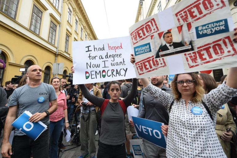 Protest against amendment regulating activities of foreign universities in Hungary
