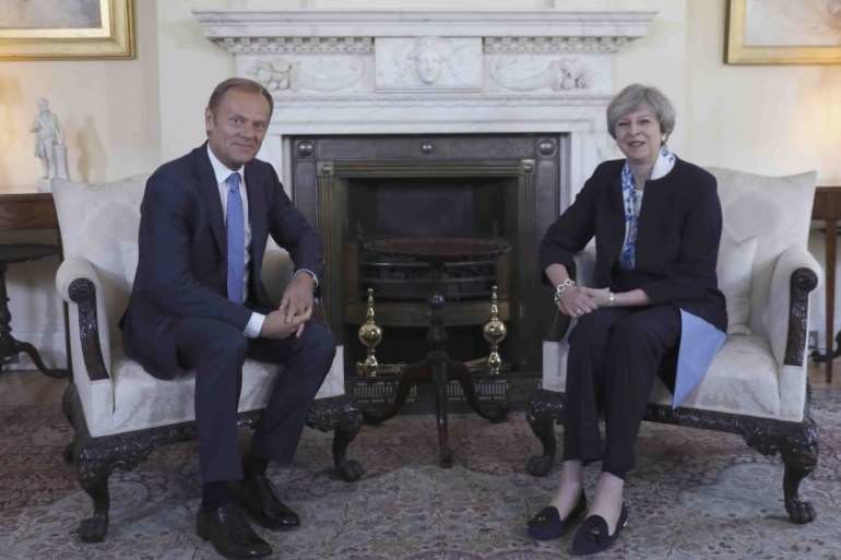 Britain''s Prime Minister, Theresa May, and Donald Tusk, the President of the European Council, meet inside 10 Downing Street, in central London