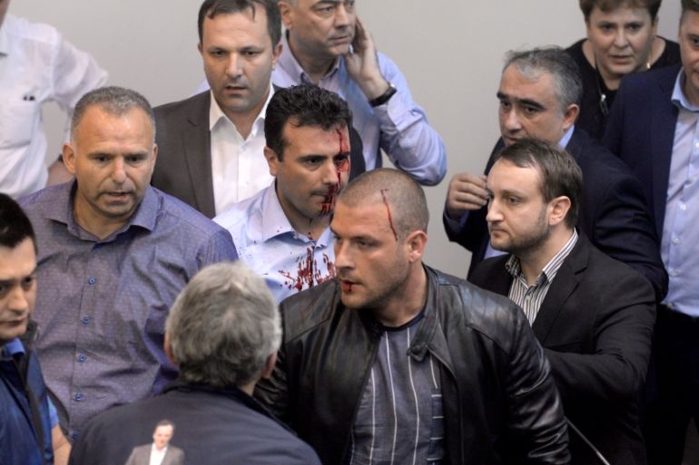 Protestors get in the Parliament after Social Democratic Union of Macedonia with Albanian parties have elected new President of the Parliament Talat Dzaferi