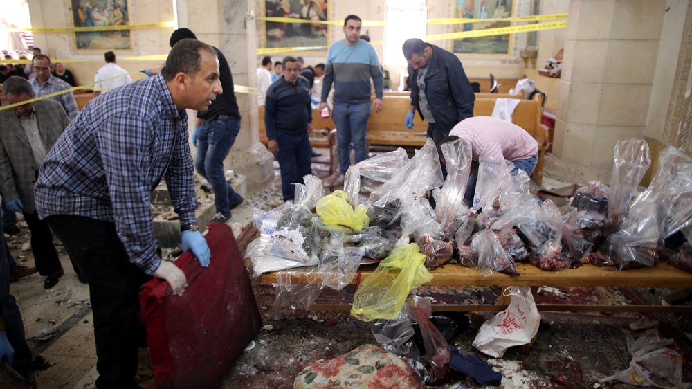 Dozens were wounded in the bomb explosion at Mar Girgis Coptic church during Palm Sunday mass [Khaled Elfiqi/EPA]