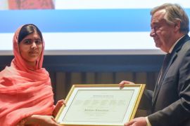 Malala Yousafzai attends a ceremony with United Nations Secretary General Antonio Guterres after being selected a United Nations messenger of peace in New York