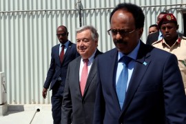U.N. Secretary general Antonio Guterres and Somali President Mohamed Abdullahi Mohamed arrive for a joint news conference after their meeting in Somalia''s capital Mogadishu
