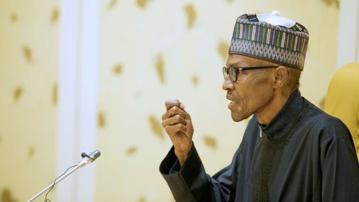 Nigeria''s President Muhammadu Buhari speaks after returning from a medical trip from London to Abuja