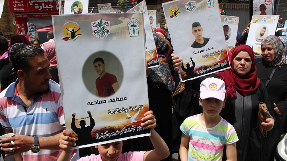 Palestinians hold up posters of prisoners during the general strike [Nigel Wilson/Al Jazeera]