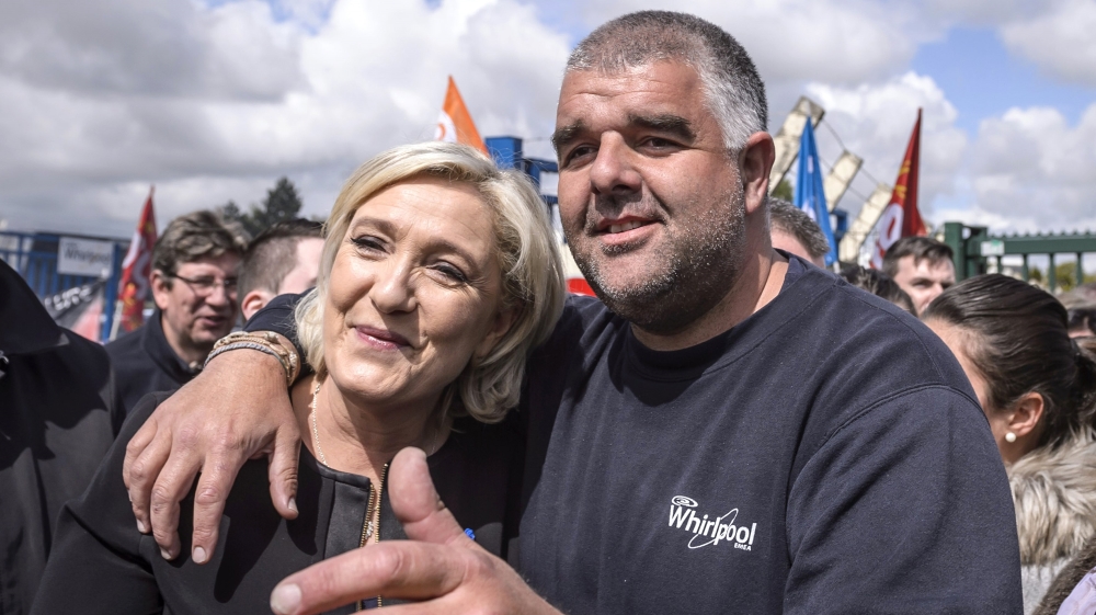 Le Pen visits workers at a Whirlpool factory in Amiens [Christophe Petit Tesson/EPA]